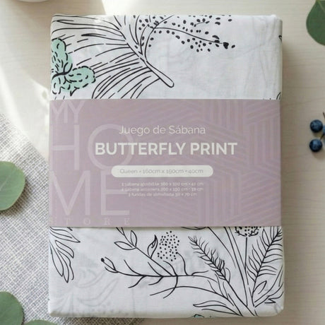 Juego de Sabanas Butterfly Print Blanco para colchón Doble 140 X 190 Cm 200 Hilos Con Elastico - SABANAS | Bylmo