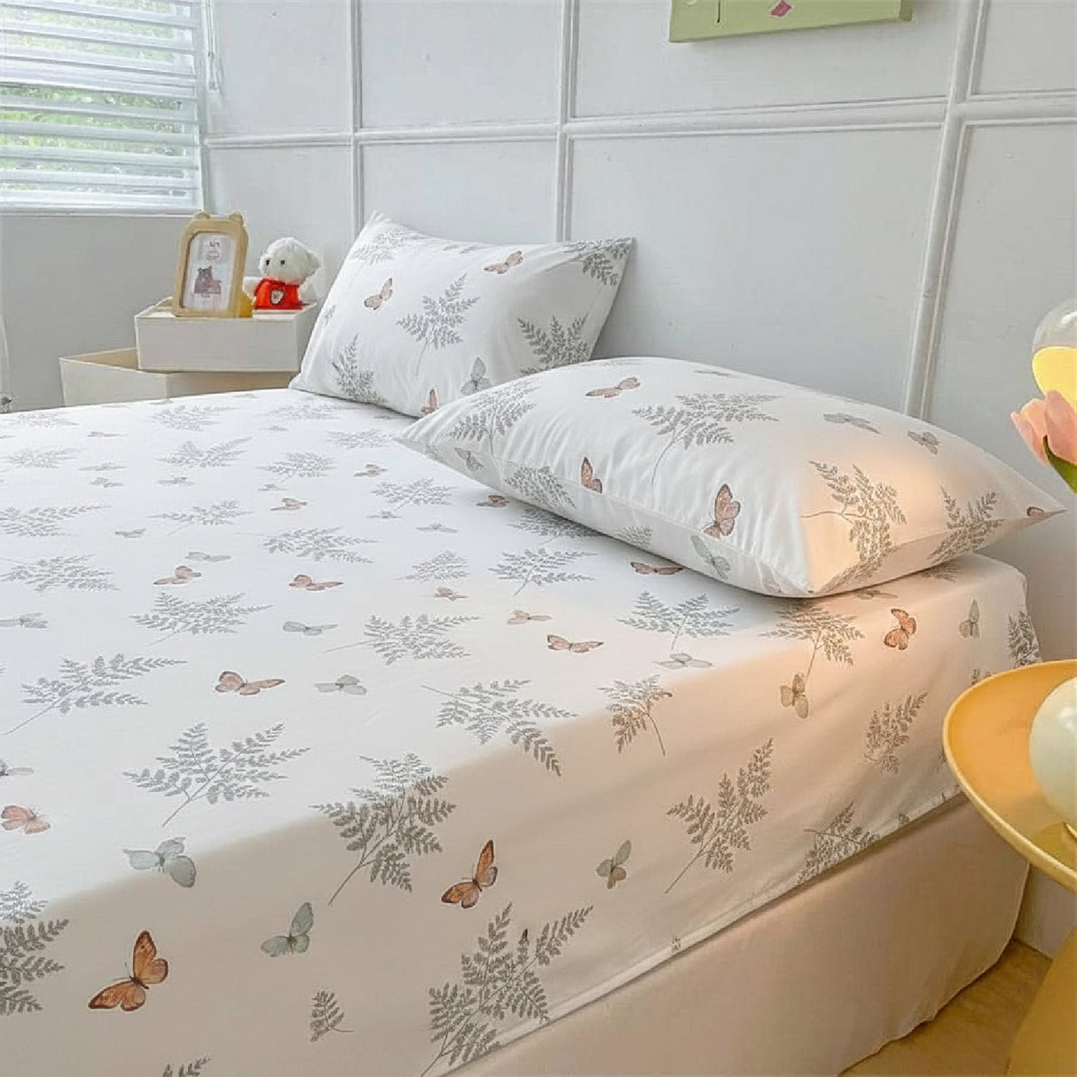 Juego de Sabanas Butterfly Print Blanco para colchón Queen 160 X 190 Cm 200 Hilos Con Elastico - SABANAS | Bylmo