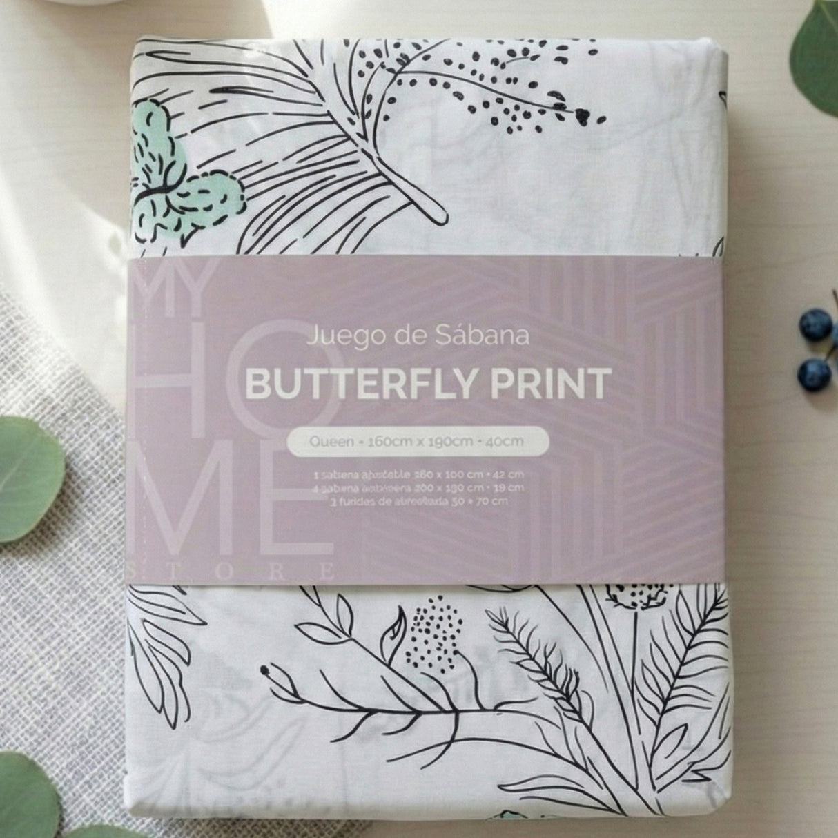Juego de Sabanas Butterfly Print Blanco para colchón King 200 X 200 Cm 200 Hilos Con Elastico - SABANAS | Bylmo