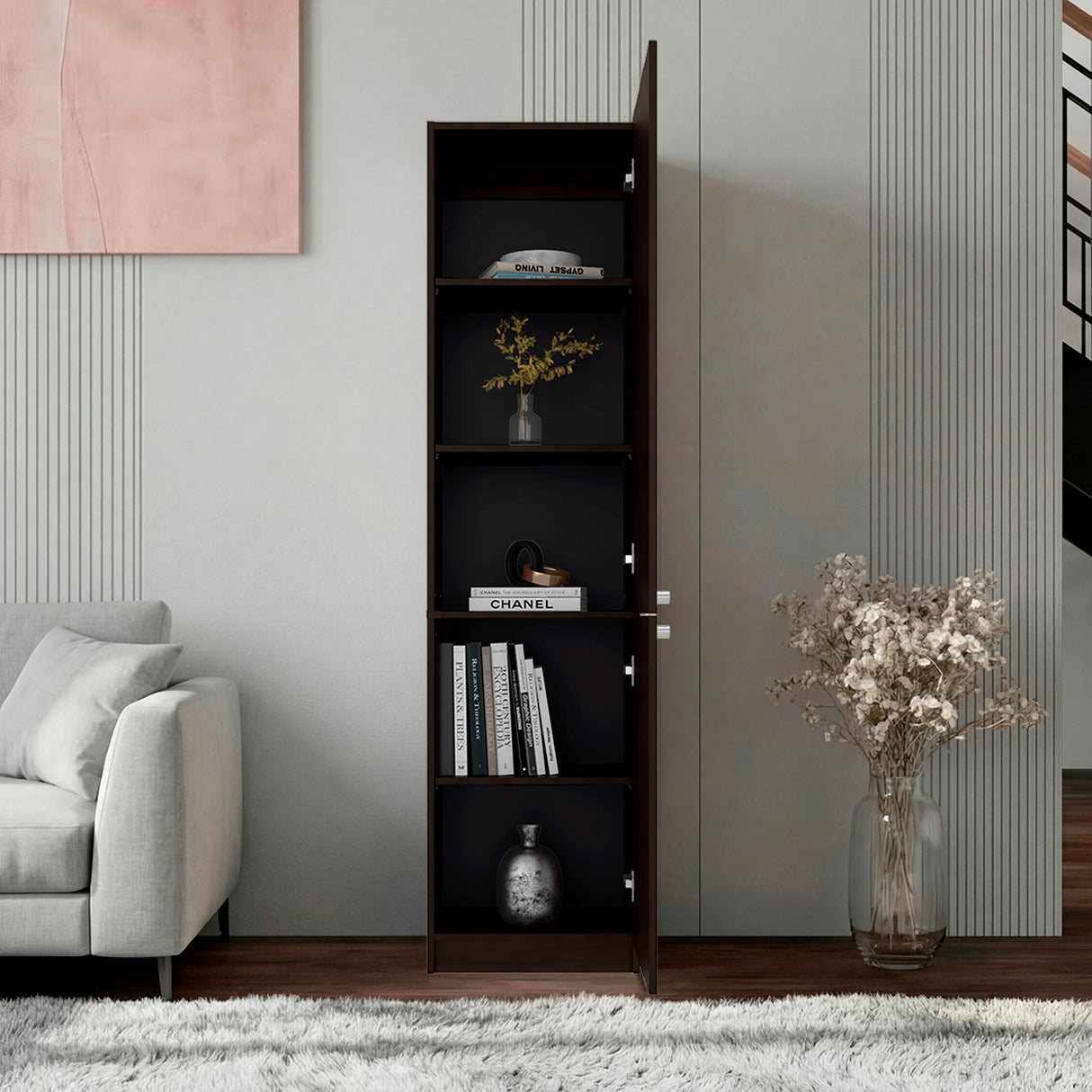 Estantería Home M5 Nogal y Negro 45x180.6cm Rectangular con Tres Entrepaños y Dos Puertas - BIBLIOTECAS Y ESTANTERIAS | Bylmo