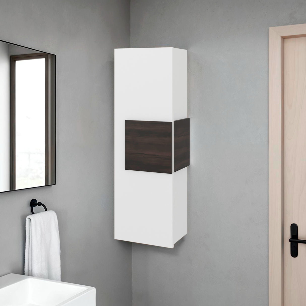 Gabinete de Baño Vanguard Blanco y Nogal 32x97.5cm Rectangular con Dos Entrepaños y Una Puerta - GABINETES DE BANHO | Bylmo