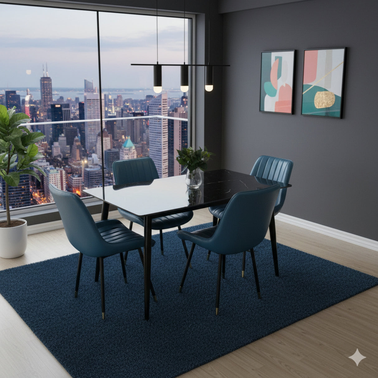 Juego de Comedor Genova Negro 140x75cm Rectangular de Cuatro Puestos con Cuatro Sillas