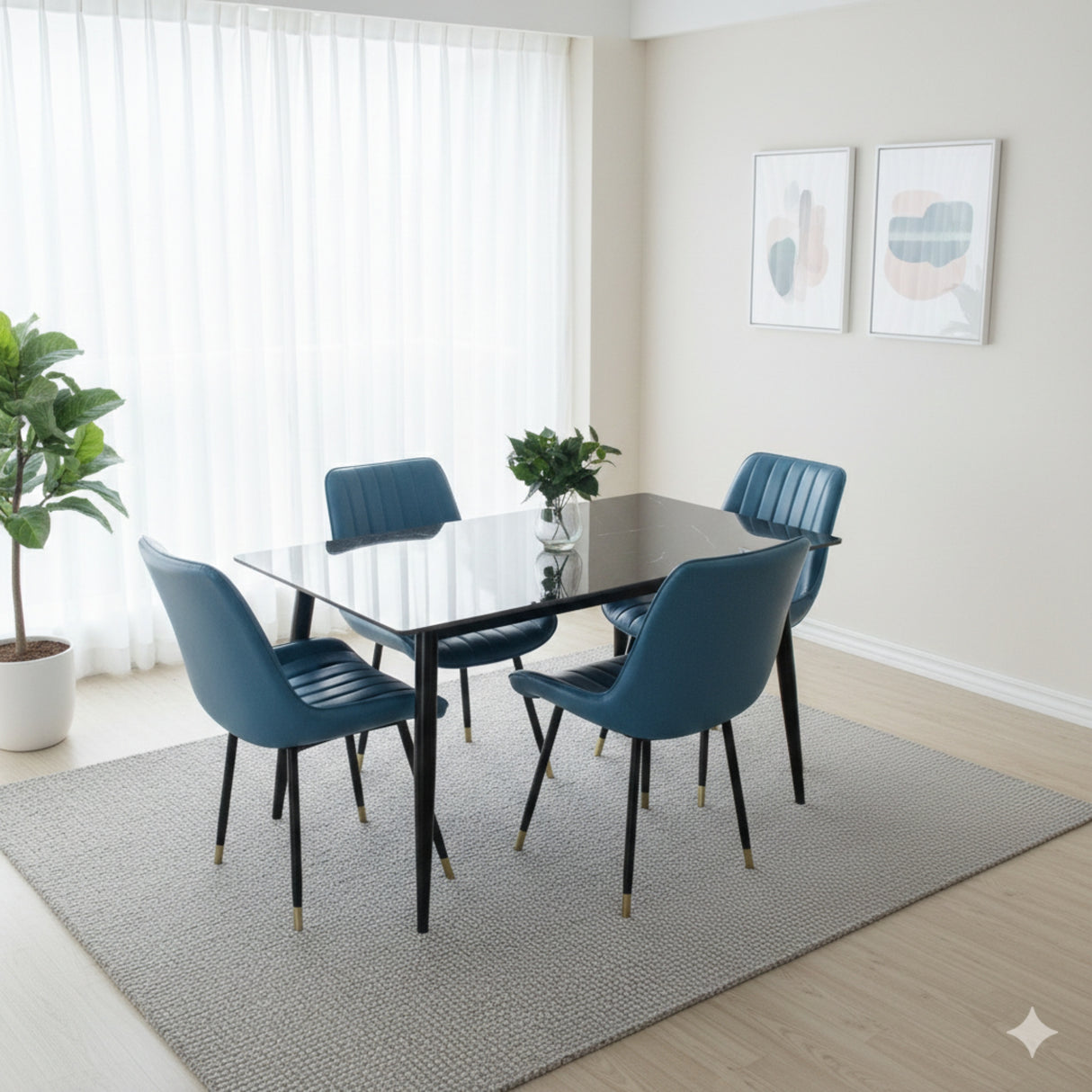 Juego de Comedor Genova Negro 140x75cm Rectangular de Cuatro Puestos con Cuatro Sillas