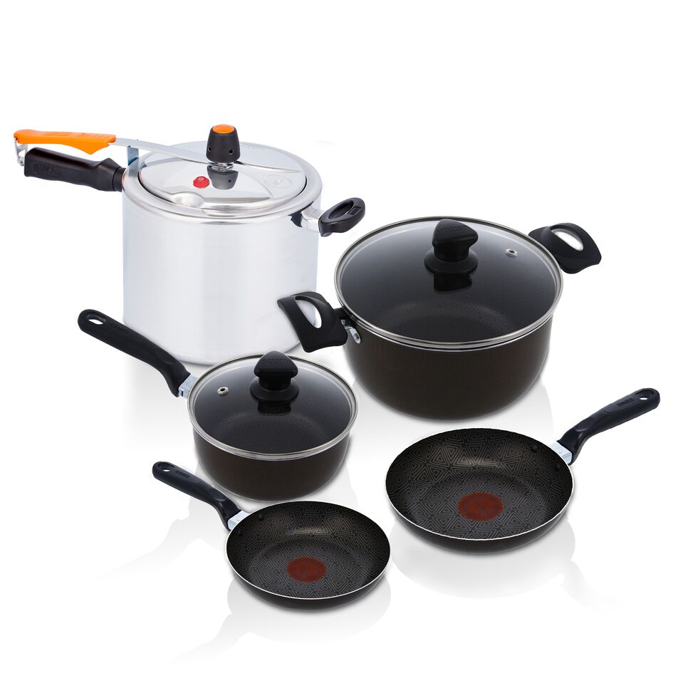 Combo Olla a Presión Imusa SecuryPlus Gris y Negro de Siete Litros con Batería de Cocina - OLLAS Y SARTENES | Bylmo