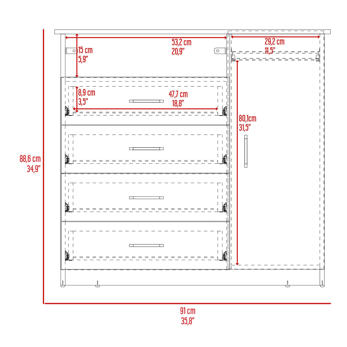 Cómoda Z 91 Cartagena y Blanco 91x88.6cm De Cuatro Hileras con Cuatro Cajones y con Espacio para TV - CAJONERAS Y COMODAS | Bylmo