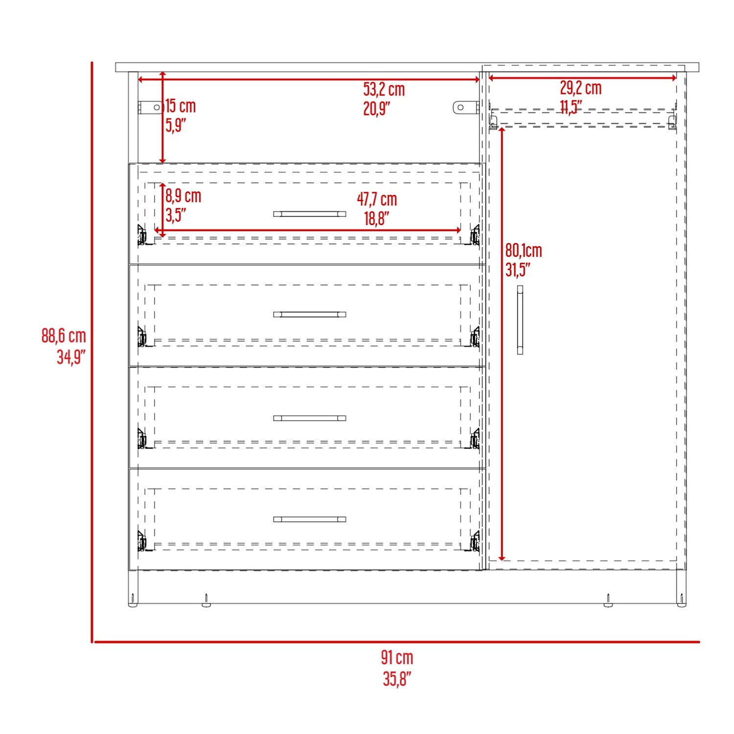 Cómoda Z 91 Cartagena y Blanco 91x88.6cm De Cuatro Hileras con Cuatro Cajones y con Espacio para TV - CAJONERAS Y COMODAS | Bylmo