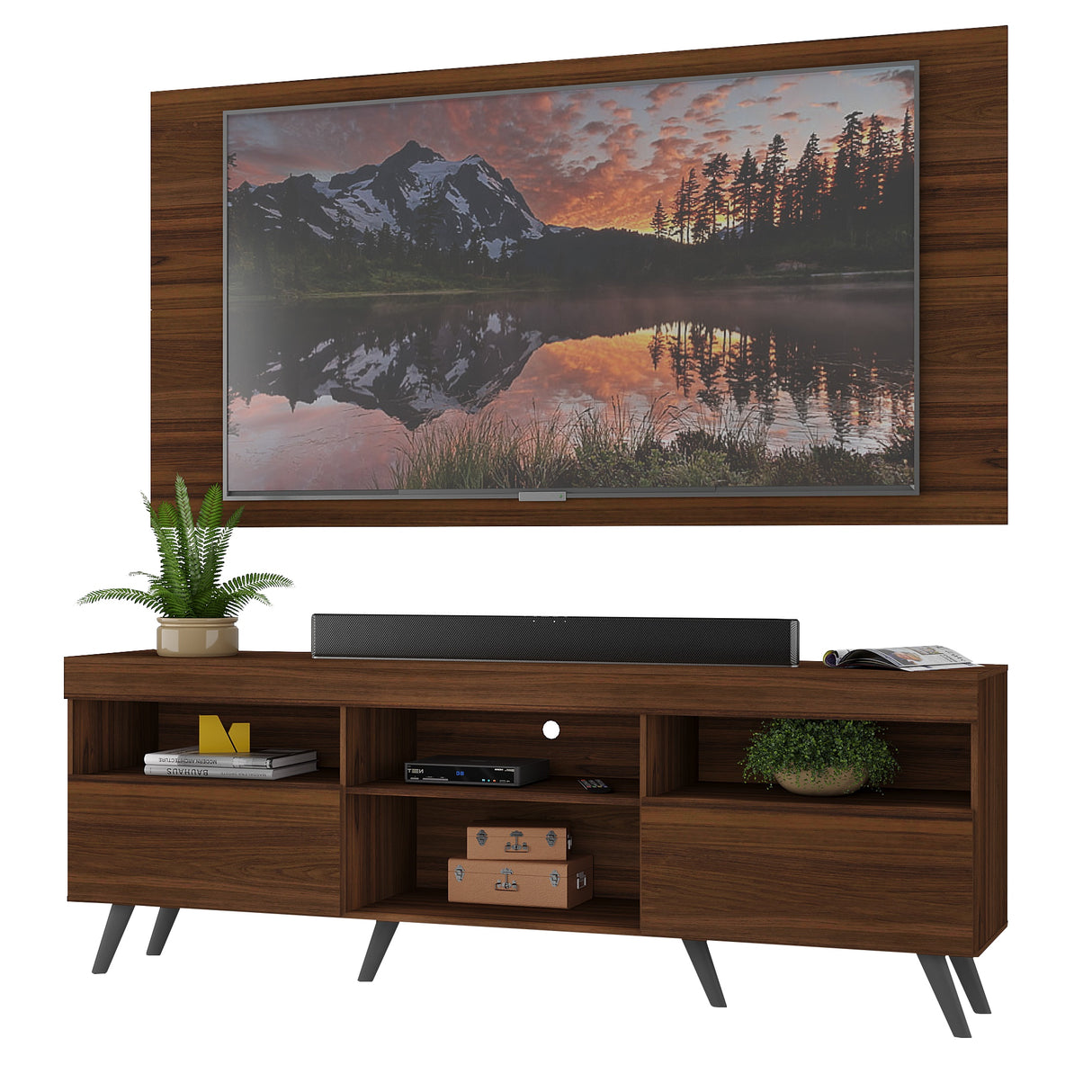 Combo Rack con Panel de Tv Florida Marrón 175x63cm para Tv Hasta 65" Pulgadas con Dos Cajones y con Cuatro Compartimientos - MUEBLES DE TV | Bylmo