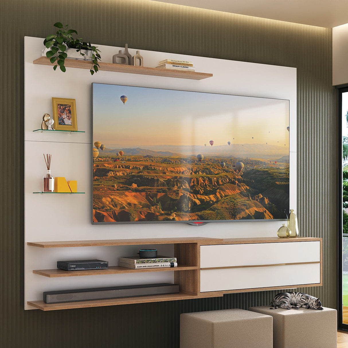 Centro de Entretenimiento Rio Blanco y Marrón 180x141cm para Tv Hasta 65" Pulgadas con Un Cajón y con Cinco Compartimientos - MUEBLES DE TV | Bylmo