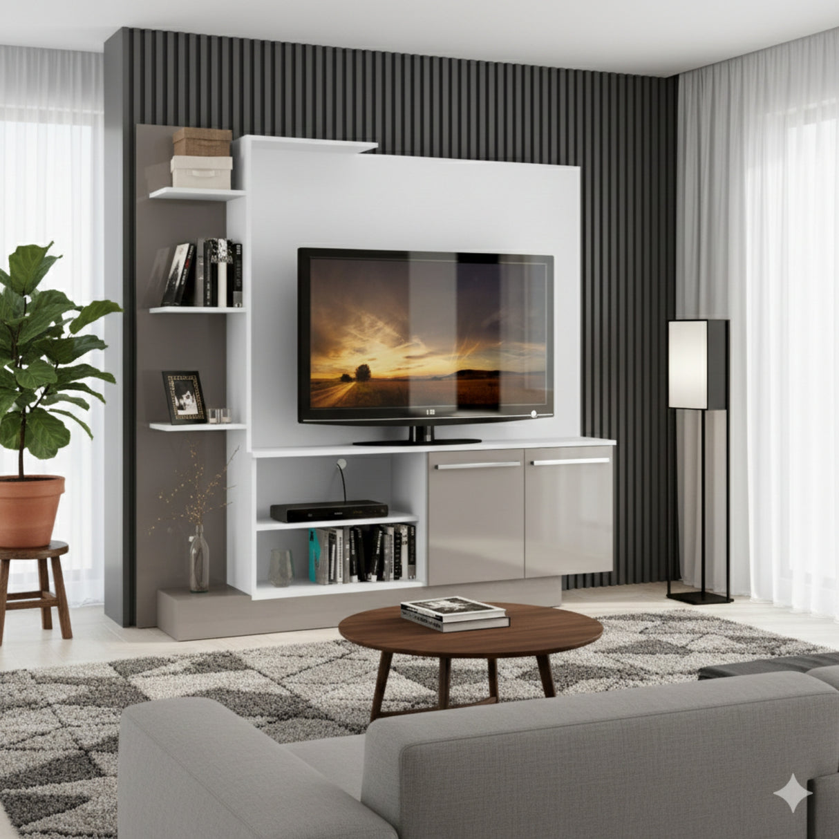 Centro de Entretenimiento Colon Blanco y Gris 165x164cm para Tv Hasta 55" Pulgadas con Un Cajón y con Seis Compartimientos - MUEBLES DE TV | Bylmo