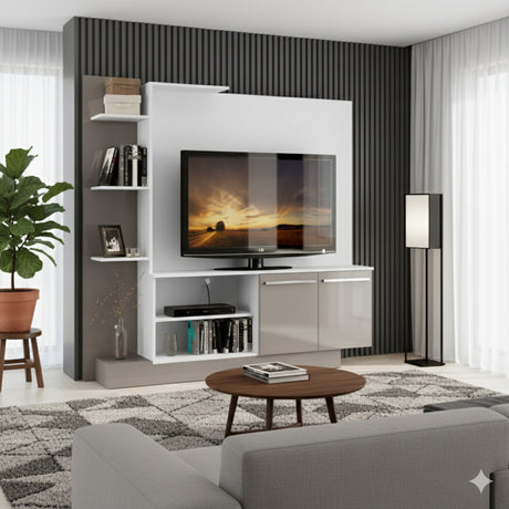 Centro de Entretenimiento Colon Blanco y Gris 165x164cm para Tv Hasta 55" Pulgadas con Un Cajón y con Seis Compartimientos - MUEBLES DE TV | Bylmo