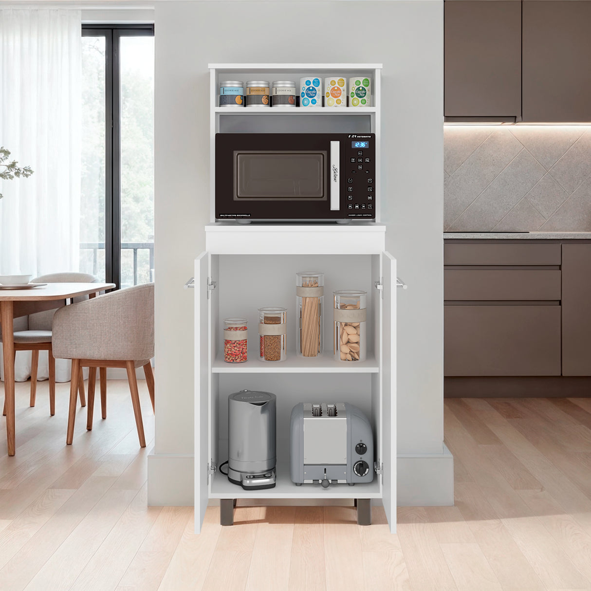 Mueble Microondas Alani Blanco 60x140cm con Dos Puertas y con Patas - ALACENAS Y MUEBLES MICROONDAS | Bylmo