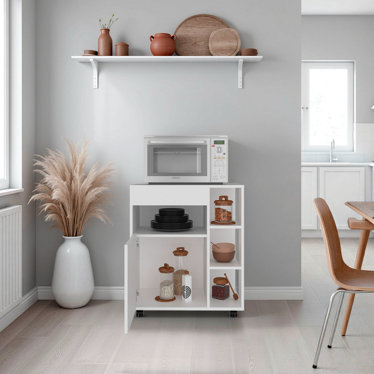 Carro Microondas Kaito Blanco 65.5x77.1cm con Una Puerta y con Ruedas - ALACENAS Y MUEBLES MICROONDAS | Bylmo
