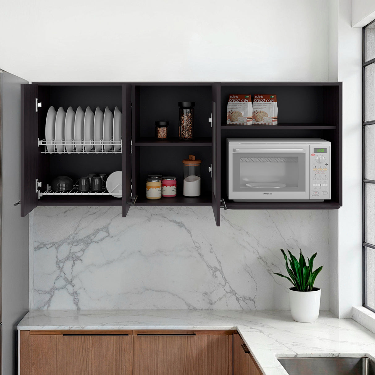 Mueble Superior de Cocina Hasselt Wengue 150x60cm con Tres Puertas y con Dos Entrepaños - MUEBLES SUPERIORES DE COCINA | Bylmo