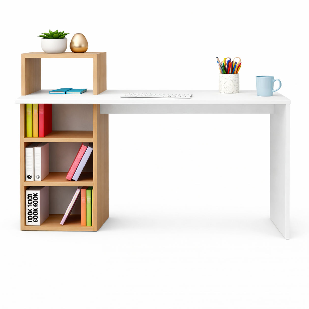 Escritorio College Blanco y Madera Clara Natural 100x91.5cm con Organizador de Libros - ESCRITORIOS | Bylmo