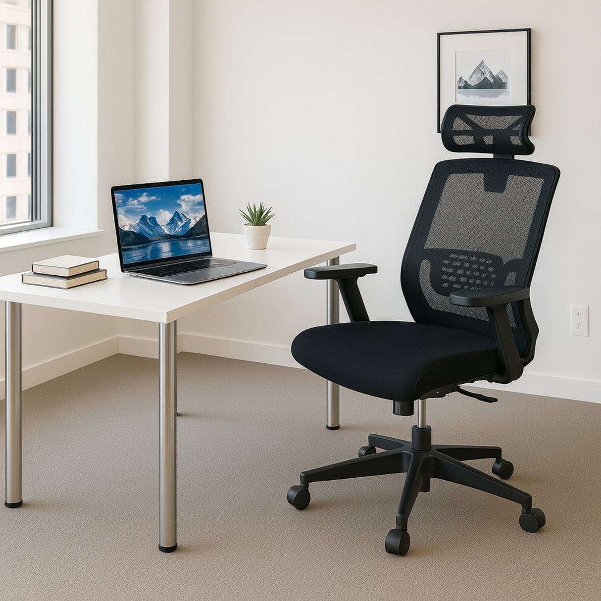 Combo Escritorio y Silla Alfa Blanco y Metal Rustic 120x75cm con Organizador de Libros - ESCRITORIOS | Bylmo