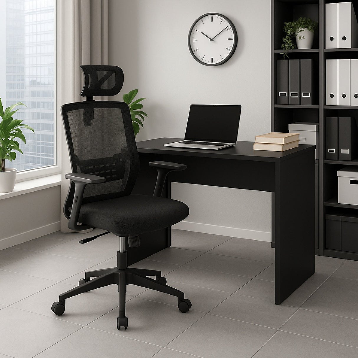 Combo Escritorio y Silla Work Negro 110x78cm con Organizador de Libros