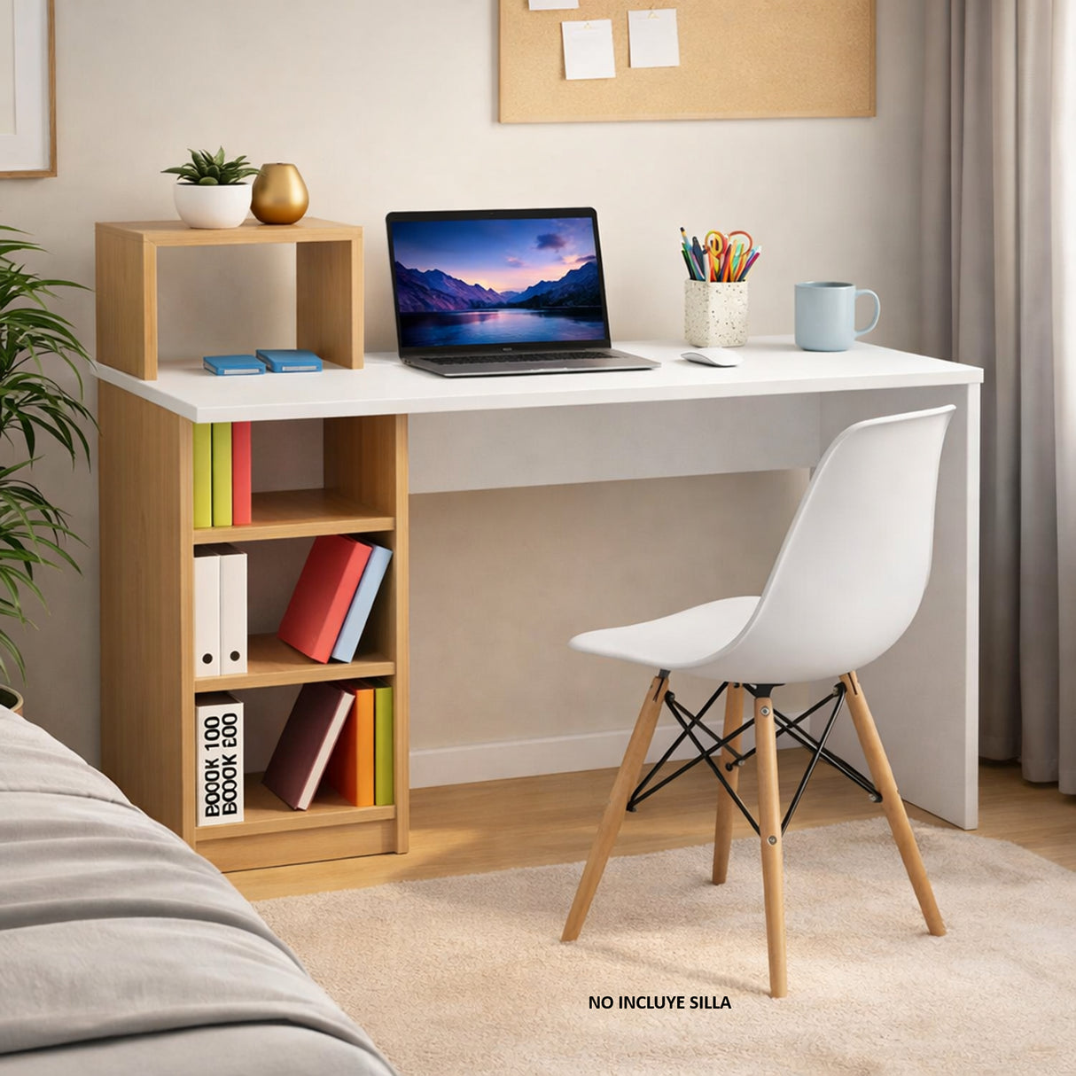 Combo Escritorio y Silla College Madera Clara Natural y Blanco 100x91.5cm con Organizador de Libros - ESCRITORIOS | Bylmo