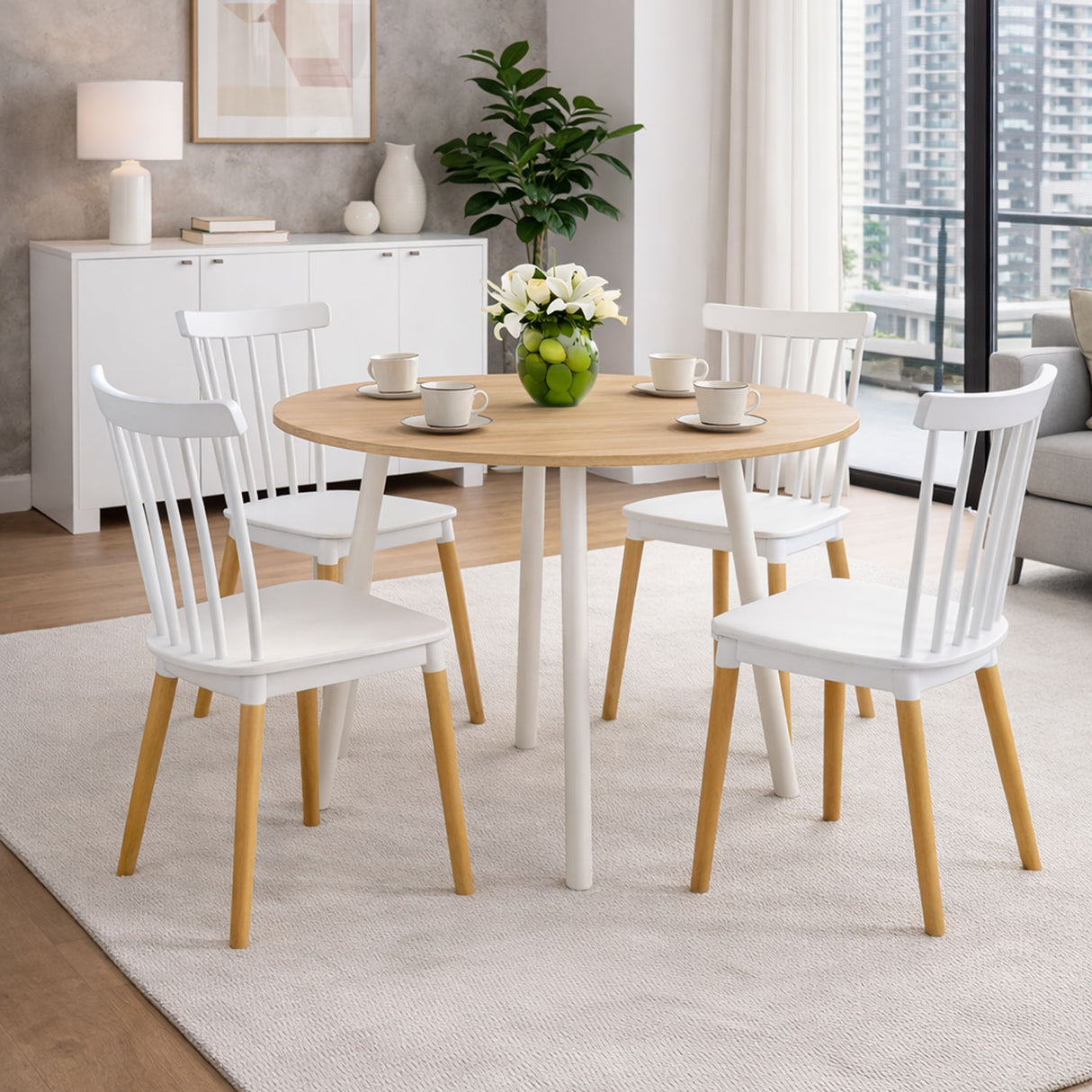 Comedor Guam Madera Clara Natural y Blanco 80x75cm Circular de Cuatro Puestos con Cuatro Sillas - COMEDORES | Bylmo