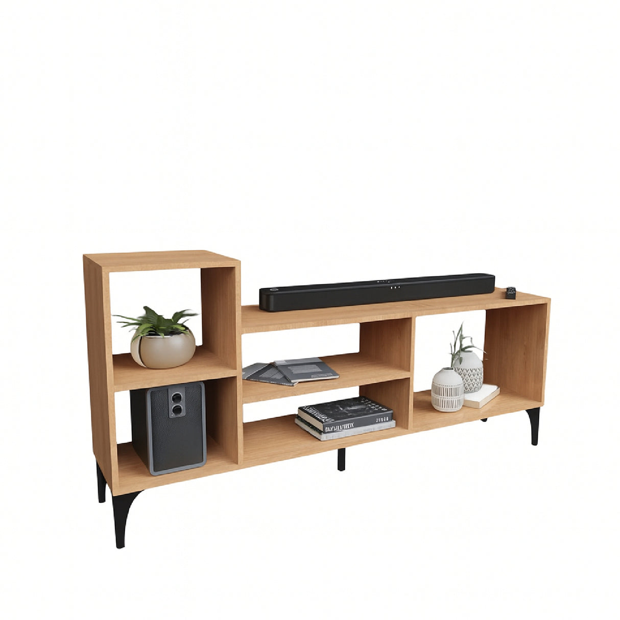 Mesa para TV Vigo Fresno y Negro 150x68cm para TV Hasta 65" Pulgadas con Cinco Compartimientos - MUEBLES DE TV | Bylmo