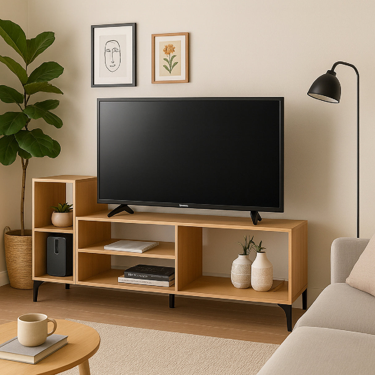 Mesa para TV Vigo Fresno y Negro 150x68cm para TV Hasta 65" Pulgadas con Cinco Compartimientos - MUEBLES DE TV | Bylmo