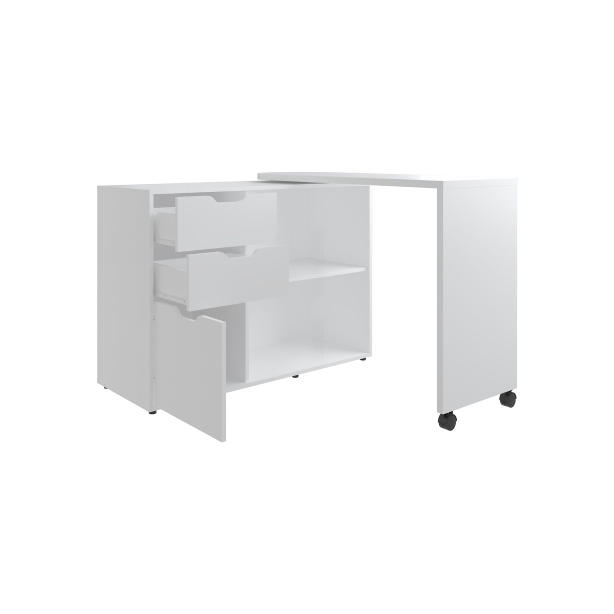 Escritorio Transformable Mova Blanco Marquez 112.9x80.7cm con Tres Cajones y con Organizador de Libros
