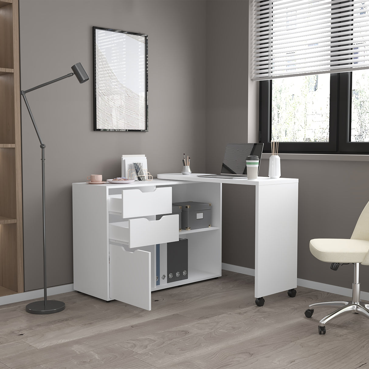 Escritorio Transformable Mova Blanco Marquez 112.9x80.7cm con Tres Cajones y con Organizador de Libros