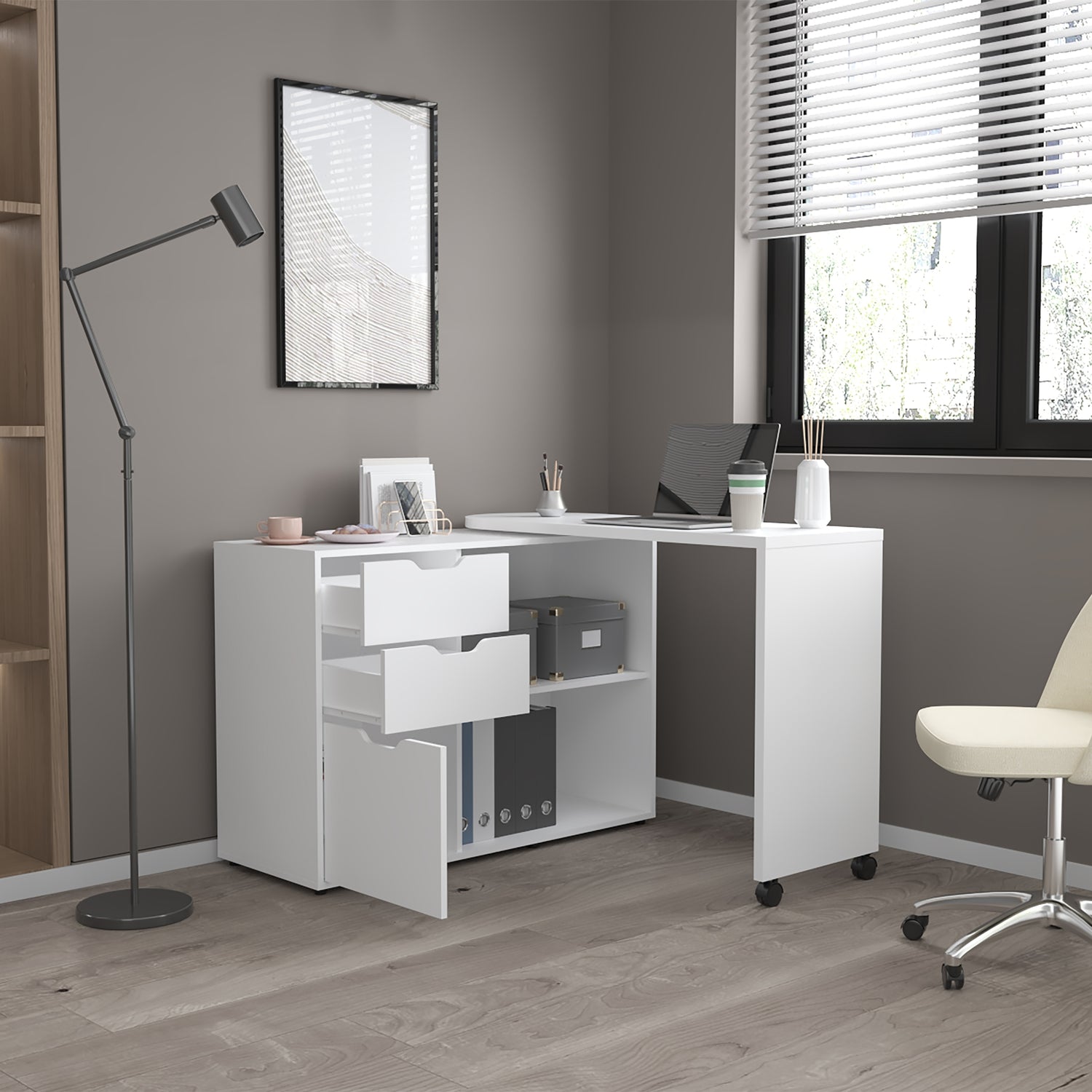 Escritorio Transformable Mova Blanco Marquez 112.9x80.7cm con Tres Cajones y con Organizador de Libros