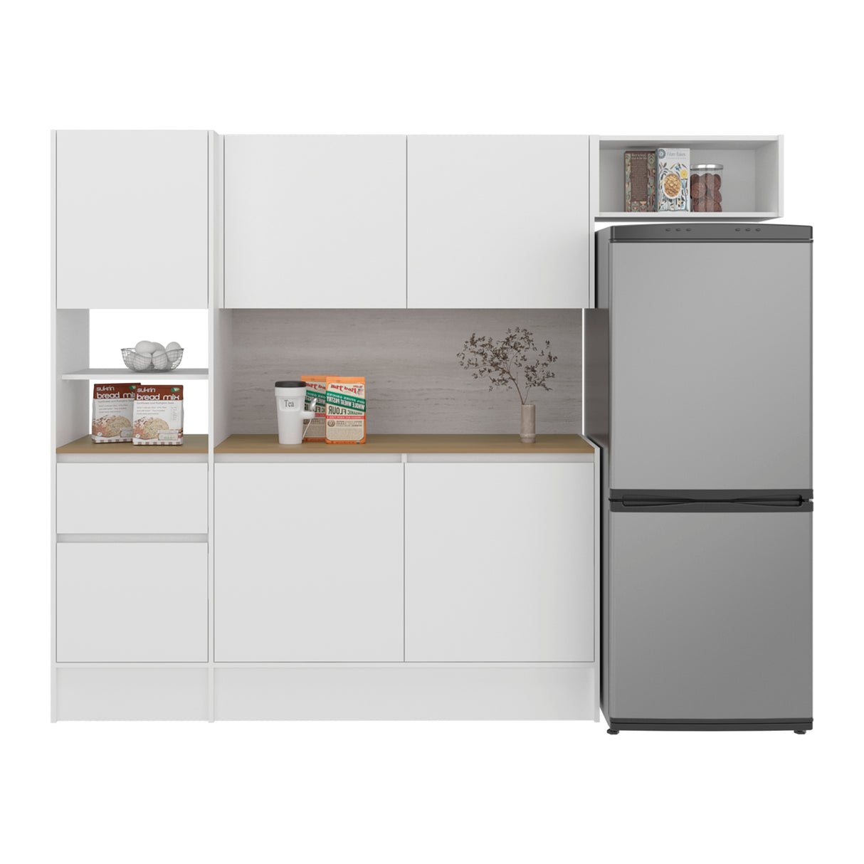 Cocina Dali Blanco y Fresno Europeo 229x182.5cm sin Mesón y sin Pozuelo - COCINAS | Bylmo