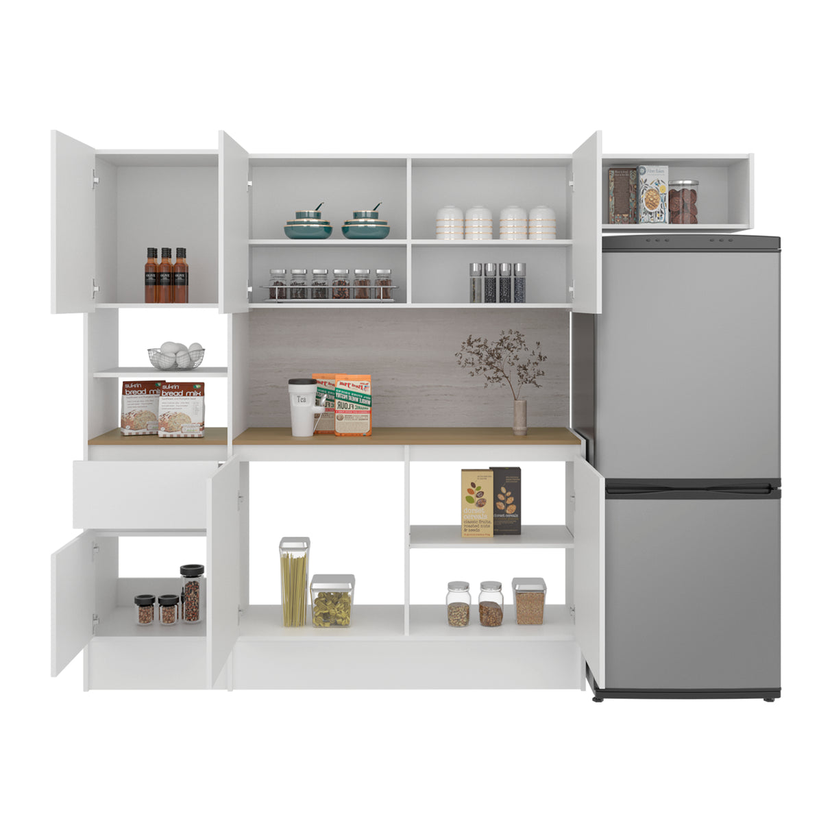 Cocina Dali Blanco y Fresno Europeo 229x182.5cm sin Mesón y sin Pozuelo - COCINAS | Bylmo