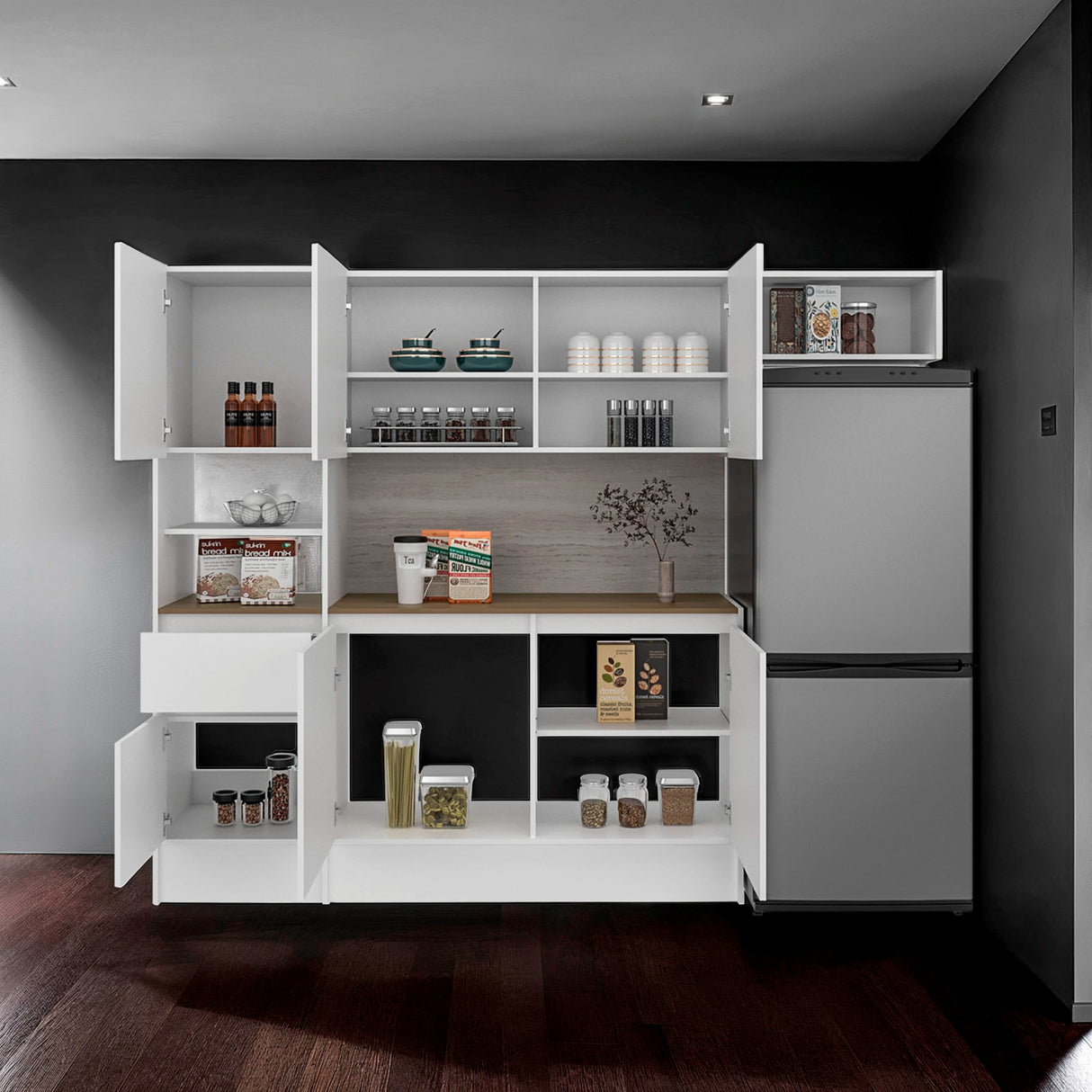 Cocina Dali Blanco y Fresno Europeo 229x182.5cm sin Mesón y sin Pozuelo - COCINAS | Bylmo