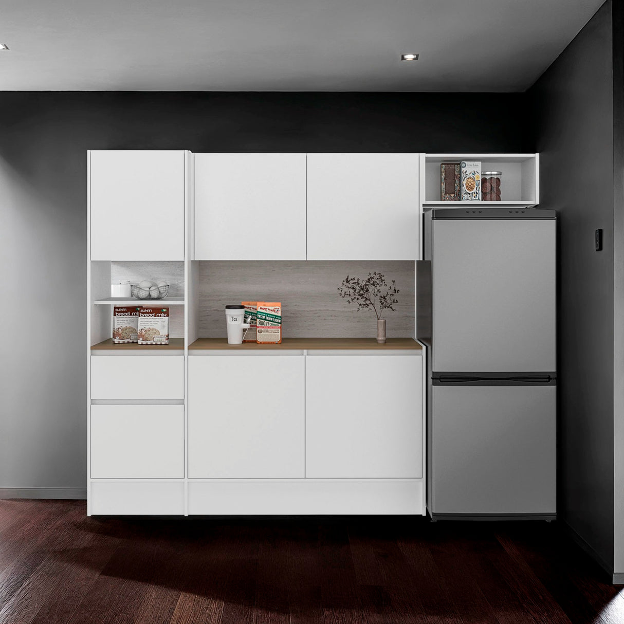 Cocina Dali Blanco y Fresno Europeo 229x182.5cm sin Mesón y sin Pozuelo - COCINAS | Bylmo