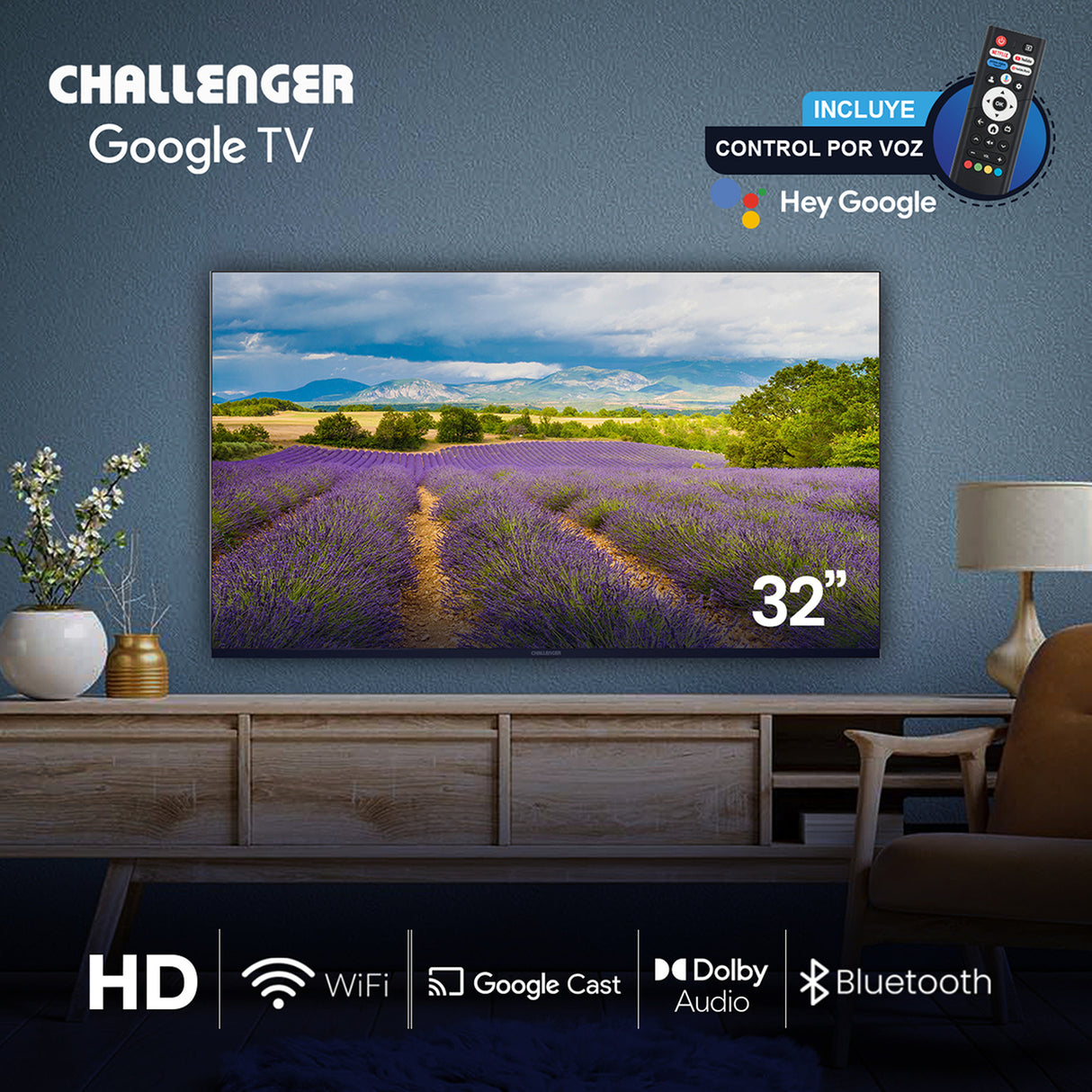 Televisor Challenger Google TV Negro 72.8x45.3cm de 32" Pulgadas Led HD 768P Smart con Bluetooth y Wifi Integrado - TELEVISORES | Bylmo