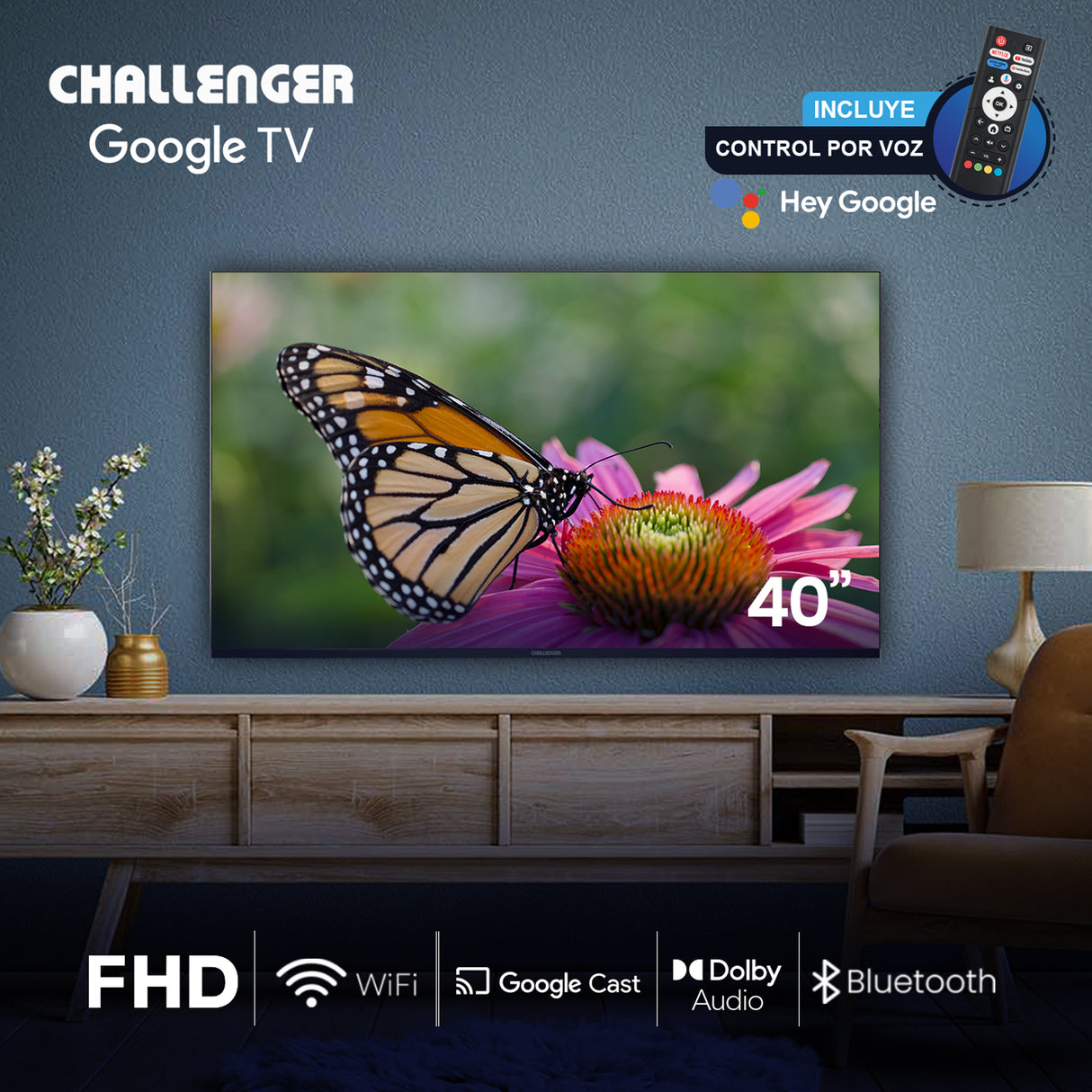 Televisor Challenger Google TV Negro 89.1x57.5cm de 40" Pulgadas Led FULL HD 1080P Smart con Bluetooth y Wifi Integrado - TELEVISORES | Bylmo