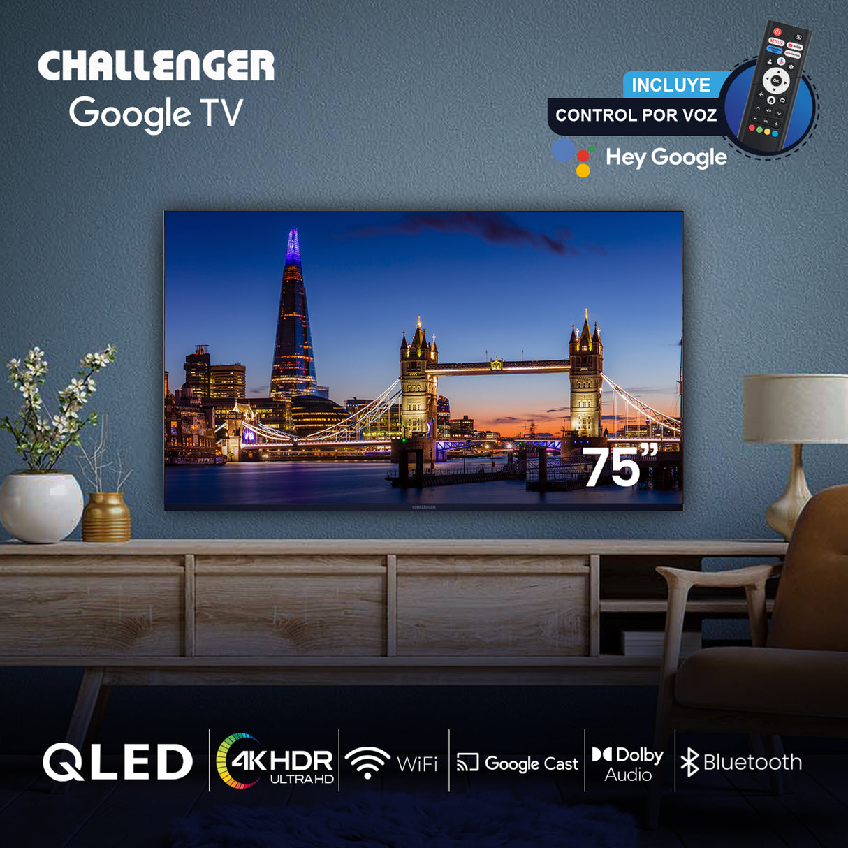 Televisor Challenger Google TV Negro 166.8x97.2cm de 75" Pulgadas Qled 4K 2160P Smart con Bluetooth y Wifi Integrado - TELEVISORES | Bylmo
