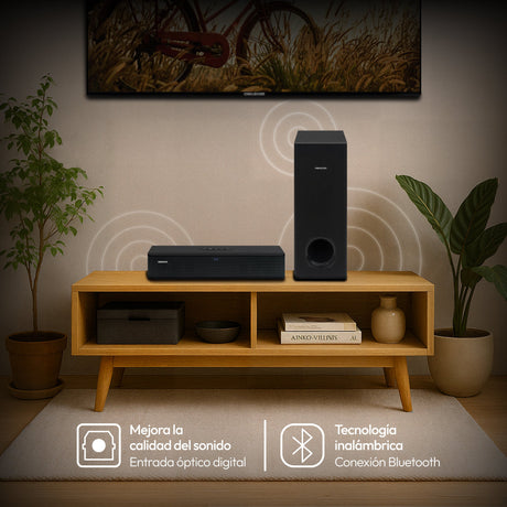 Barra de Sonido con Subwoofer Challenger Negro 55x43.9cm con Bluetooth y Control Remoto
