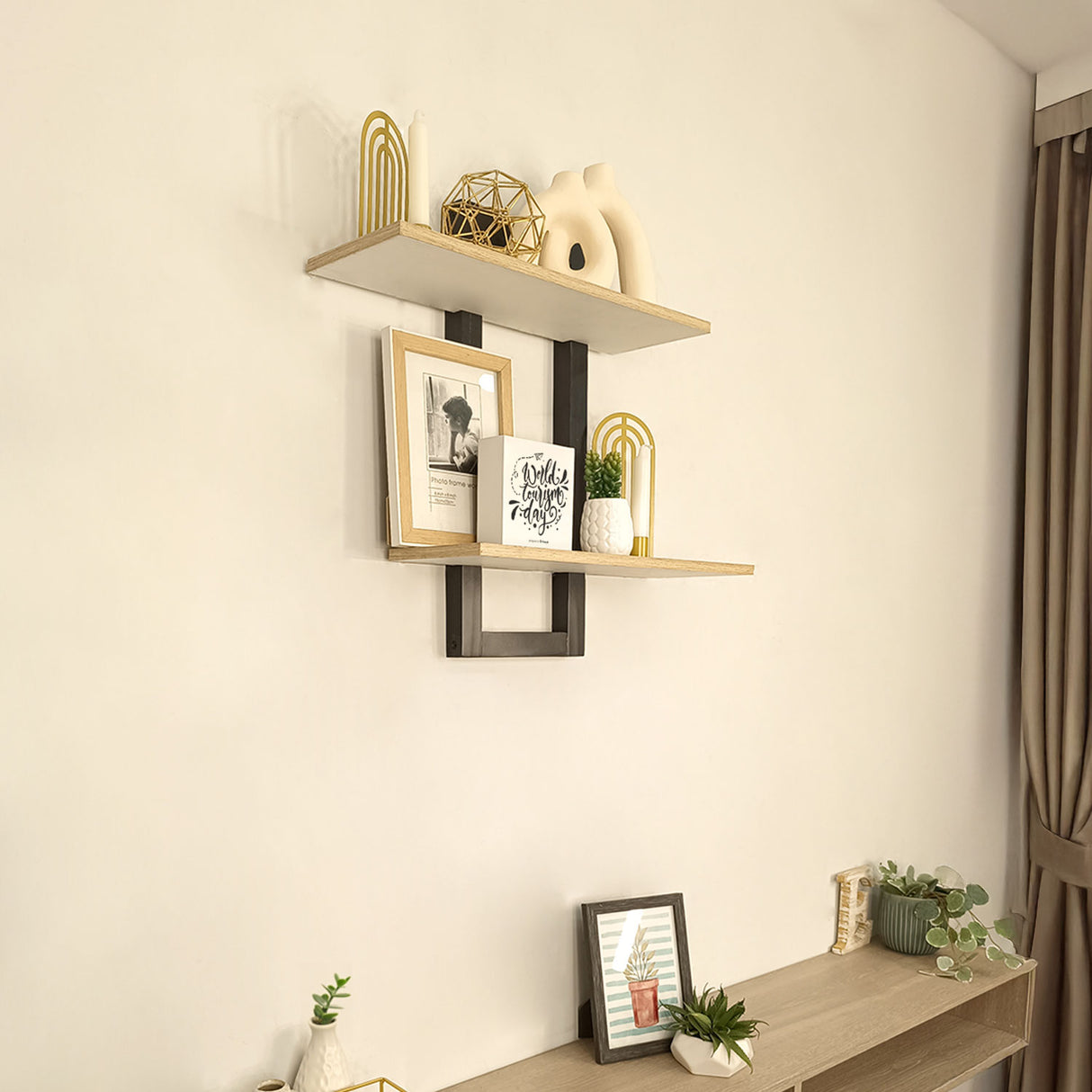 Repisa en Escalera Madera Natural y Negro 45x50cm con Dos Entrepaños - REPISAS | Bylmo