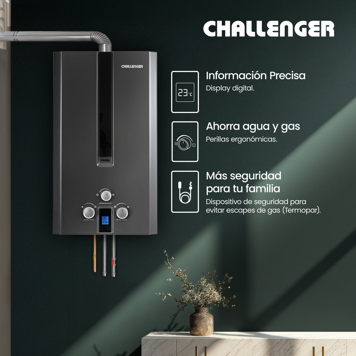 Calentador de Agua Challenger Negro 34.5x60cm 10 Litros de Tiro Forzado para Gas Natural - CALENTADORES DE AGUA | Bylmo