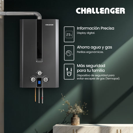 Calentador de Agua Challenger Negro 34.5x60cm 10 Litros de Tiro Forzado para Gas Natural - CALENTADORES DE AGUA | Bylmo