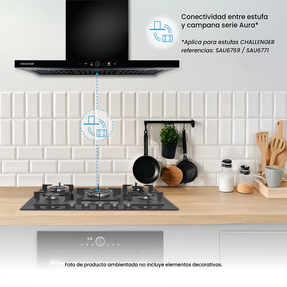 Campana Península Challenger Aura Negro 90x111cm de Tres Velocidades con Pantalla Digital - CAMPANAS Y EXTRACTORES | Bylmo