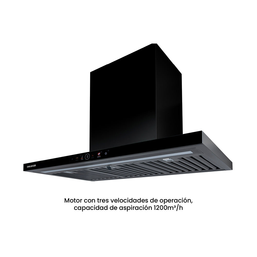 Campana Península Challenger Aura Negro 90x111cm de Tres Velocidades con Pantalla Digital - CAMPANAS Y EXTRACTORES | Bylmo