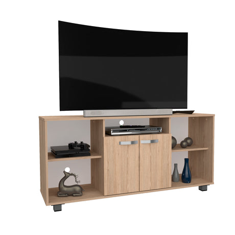 Mesa para TV Arena y Blanco 140x65cm Para TV Hasta 60 Pulgadas con Un Cajón con Ranuras para Cables y con Patas - MUEBLES DE TV | Bylmo