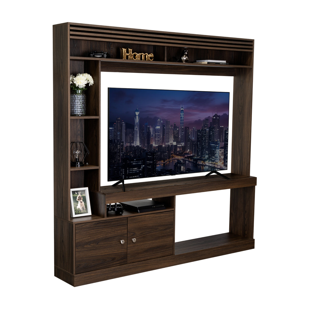 Centro de Entretenimiento Blaine Nogal 180x180.6cm para TV Hasta 65" Pulgadas con Siete Compartimientos - MUEBLES DE TV | Bylmo