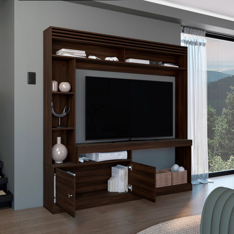 Centro de Entretenimiento Blaine Nogal 180x180.6cm para TV Hasta 65" Pulgadas con Siete Compartimientos - MUEBLES DE TV | Bylmo