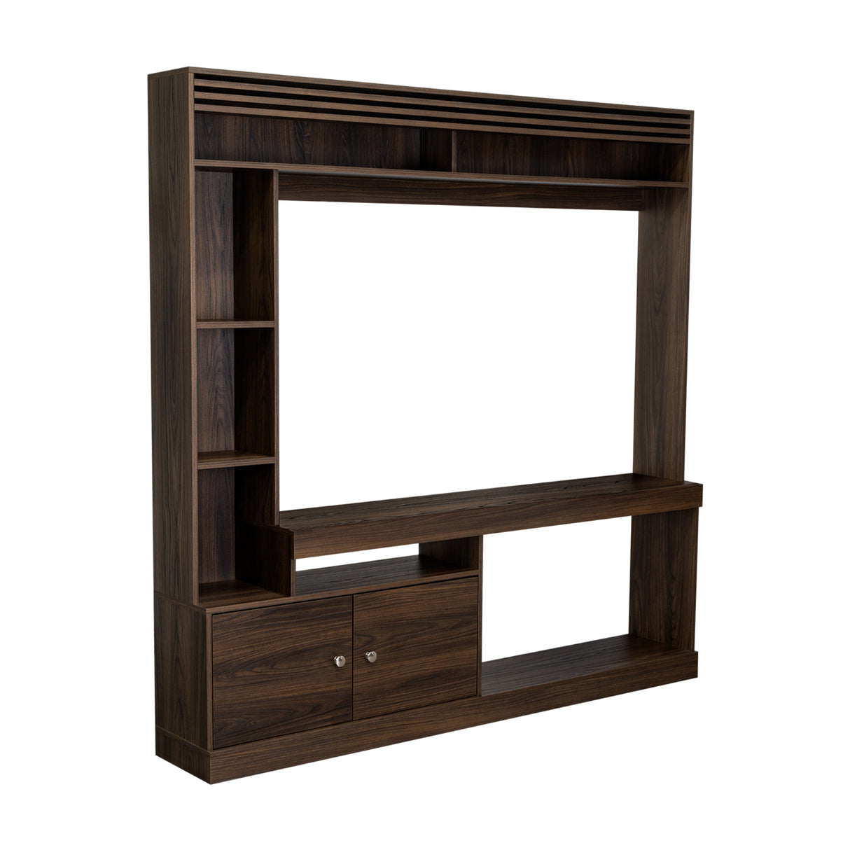 Centro de Entretenimiento Blaine Nogal 180x180.6cm para TV Hasta 65" Pulgadas con Siete Compartimientos - MUEBLES DE TV | Bylmo