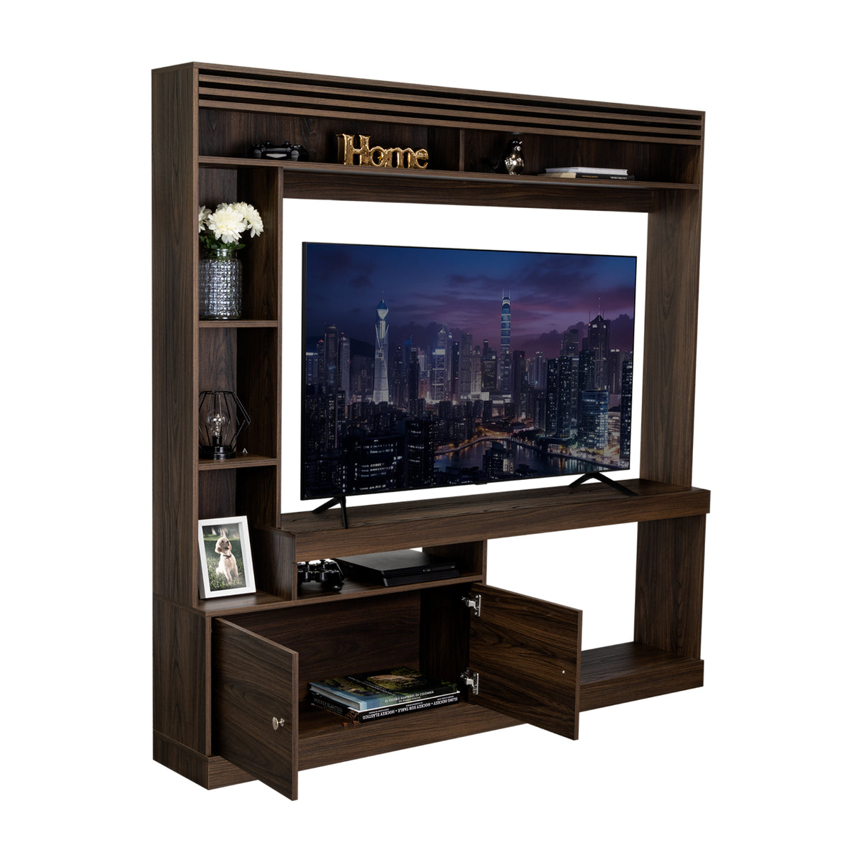 Centro de Entretenimiento Blaine Nogal 180x180.6cm para TV Hasta 65" Pulgadas con Siete Compartimientos - MUEBLES DE TV | Bylmo