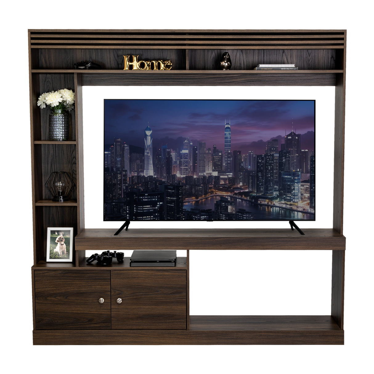 Centro de Entretenimiento Blaine Nogal 180x180.6cm para TV Hasta 65" Pulgadas con Siete Compartimientos - MUEBLES DE TV | Bylmo