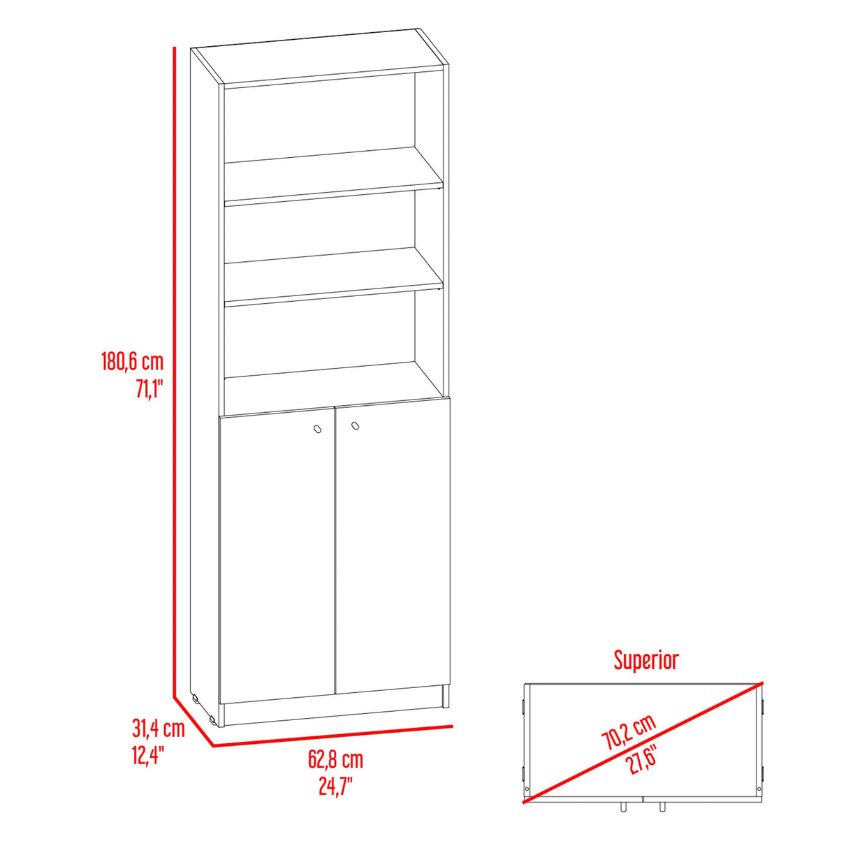 Estantería Rectangular Home Fresno Europeo y Blanco Marquez 62.8x180.6cm con Tres Compartimientos y con Un Entrepaños - BIBLIOTECAS Y ESTANTERIAS | Bylmo