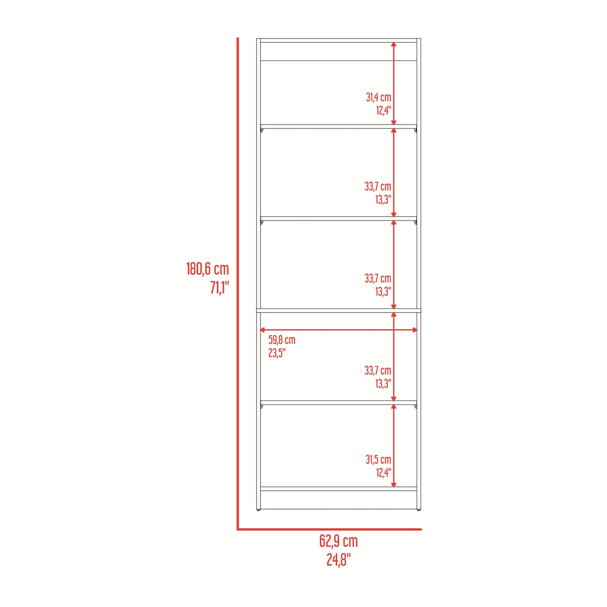 Estantería Rectangular Home Fresno Europeo y Blanco Marquez 62.8x180.6cm con Cuatro Compartimientos y con Tres Entrepaños - BIBLIOTECAS Y ESTANTERIAS | Bylmo