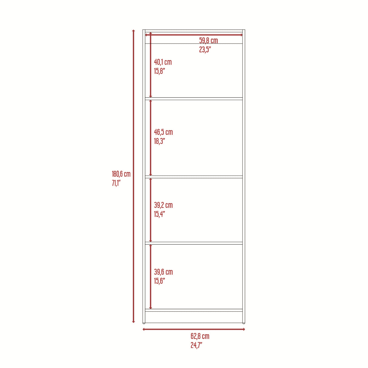 Estantería Rectangular Home Fresno Europeo y Blanco 62.8x180.6cm con Cuatro Compartimientos y con Tres Entrepaños - BIBLIOTECAS Y ESTANTERIAS | Bylmo