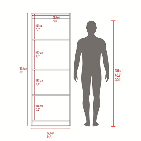 Estantería Rectangular Home Fresno Europeo y Blanco 62.8x180.6cm con Cuatro Compartimientos y con Tres Entrepaños - BIBLIOTECAS Y ESTANTERIAS | Bylmo